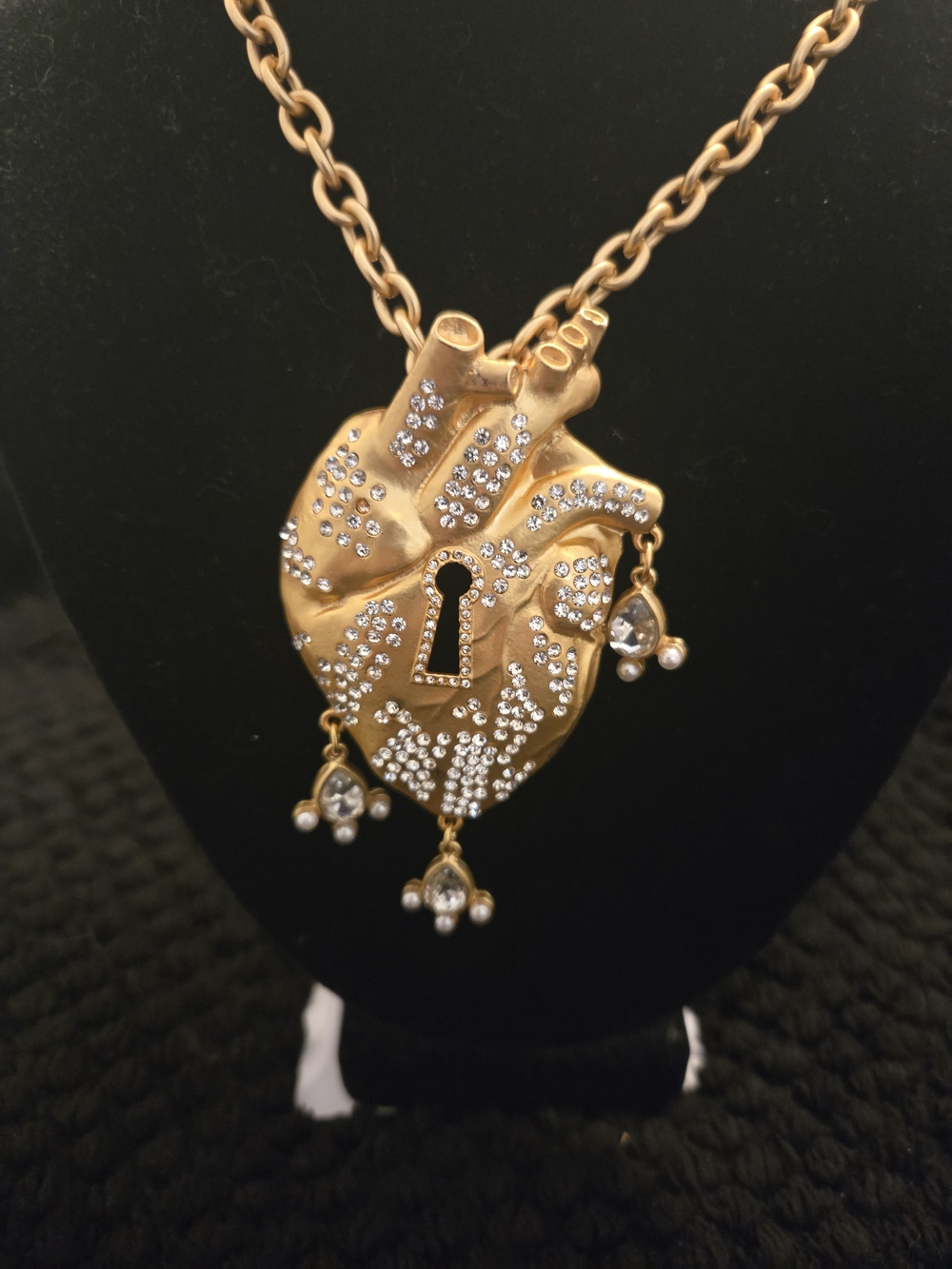 Schiaparelli Inspired Gold-Tone Heart Lock Pendant Necklace with Crystal Detail - Picture 2 of 4